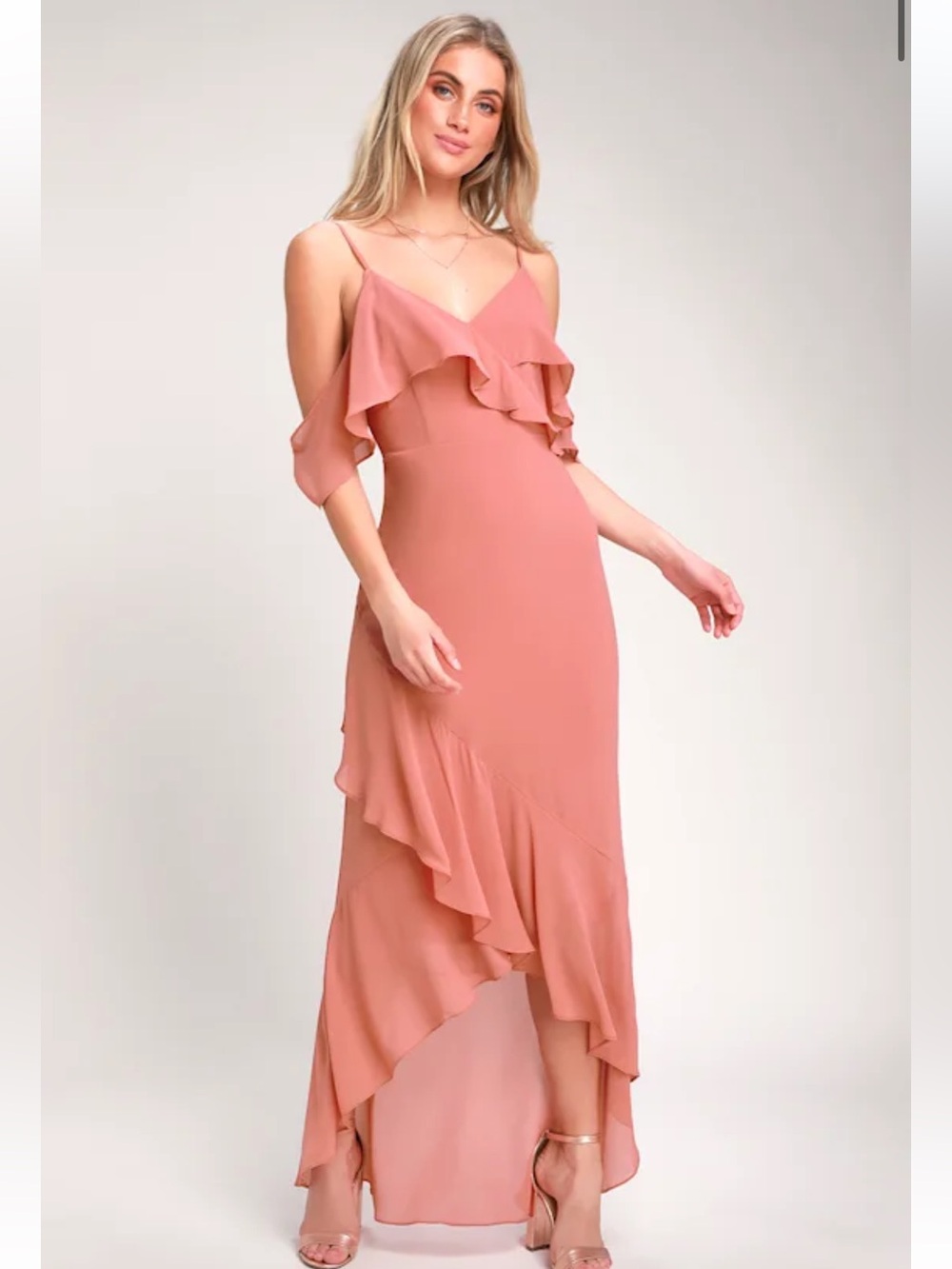 Lulu's Caden Rusty Rose Off-the-Shoulder Ruffled Maxi Dress